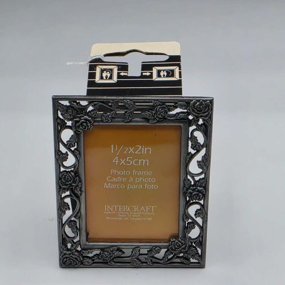 NWT Vintage Intercraft Mini Photo Frame 1.5x2 Silver Rose Floral Cottagecore Vtg